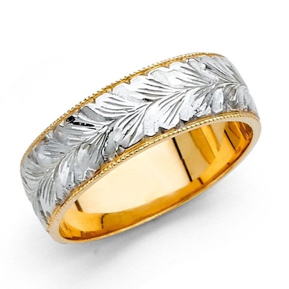 6mm Solid 14k Yellow White Gold Wedding Ring Band Filigree Design Diamond Cut - Picture 1 of 2